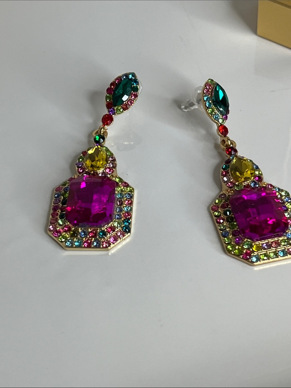 Multicolor Crystal Drop Earrings with Fuchsia Center - Picture 7 of 7